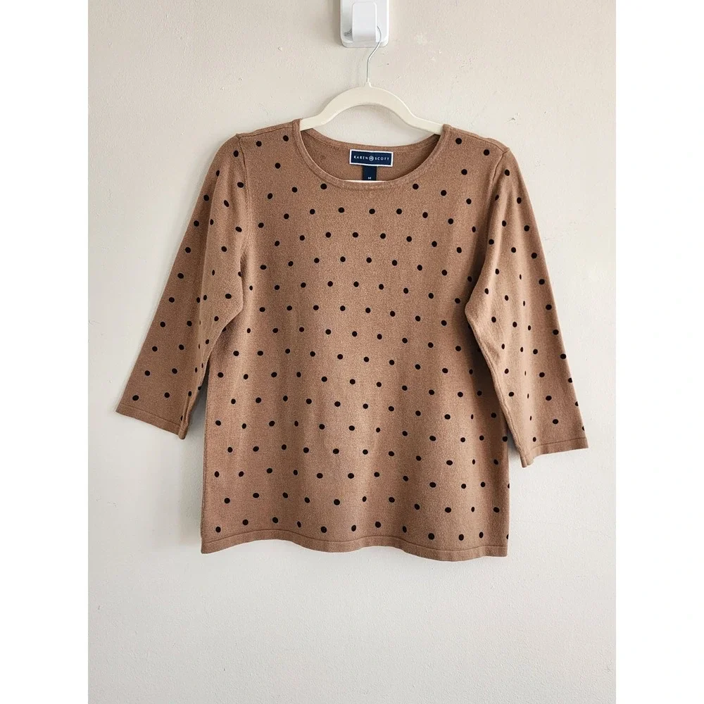 Womens Polka Dot Latte Brown Sweater Medium Classic Old Money Minimalist Chic